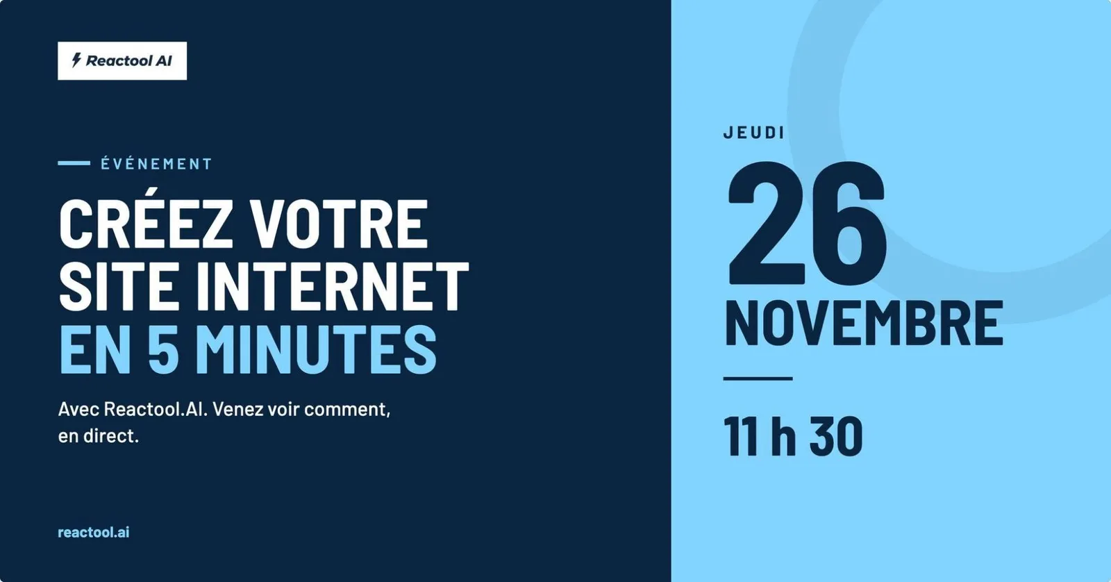 Créez votre site Internet en 5 minutes : Avec Reactool.AI. Venez voir comment, en direct.