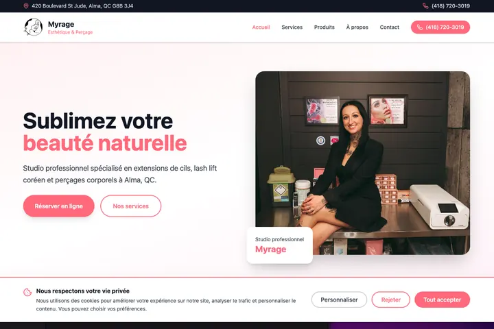 Page d’accueil du site de Myrage Esthétique & Perçage