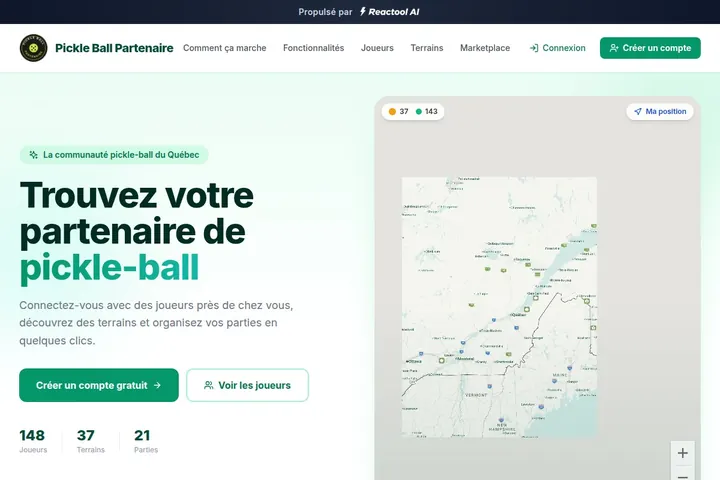 Page d’accueil du site de Pickle Ball Partenaire